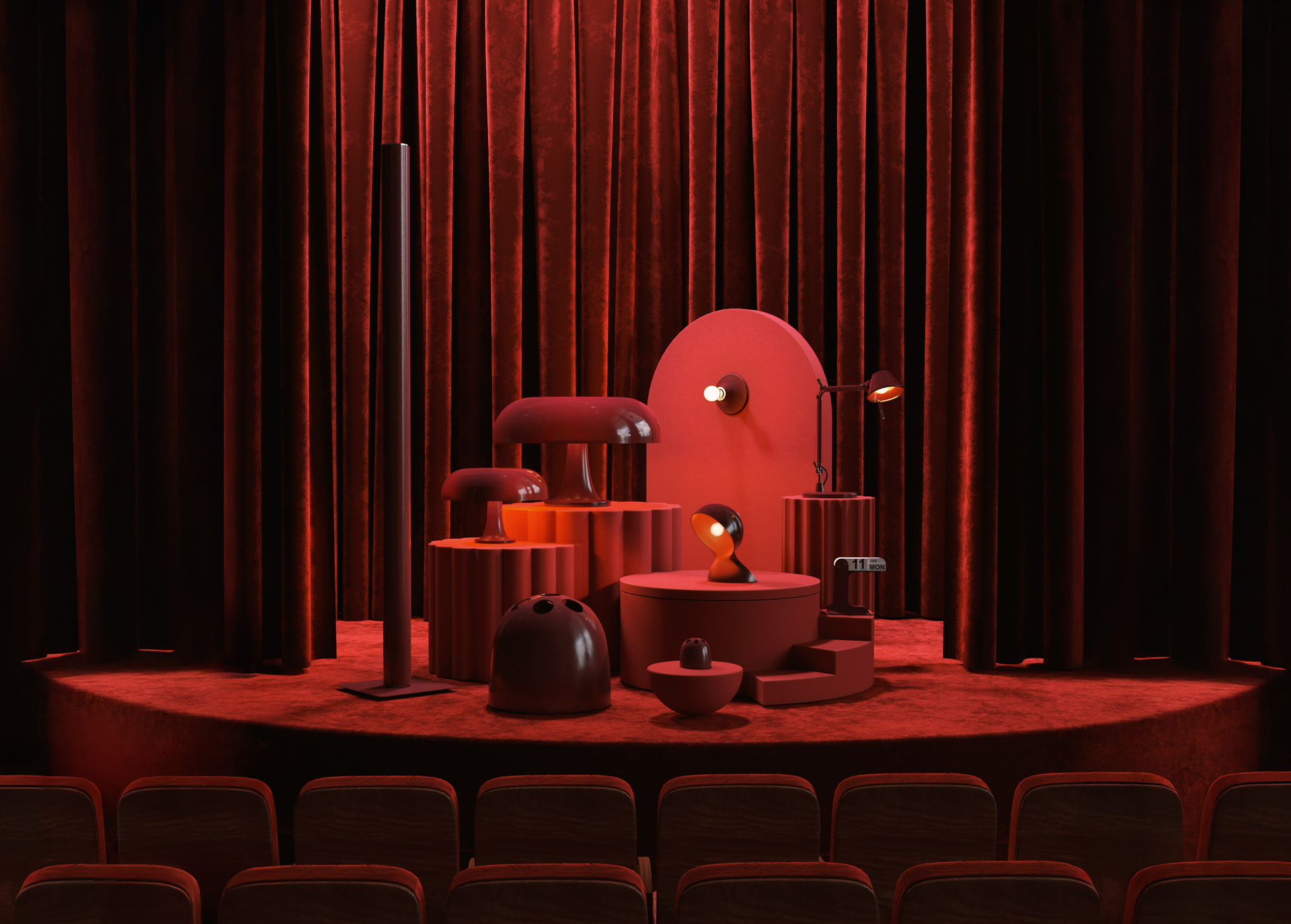Bordeaux theatrical installation with various Artemide and Danese Milano lamps and design objects on a circular platform in front of velvet curtains.