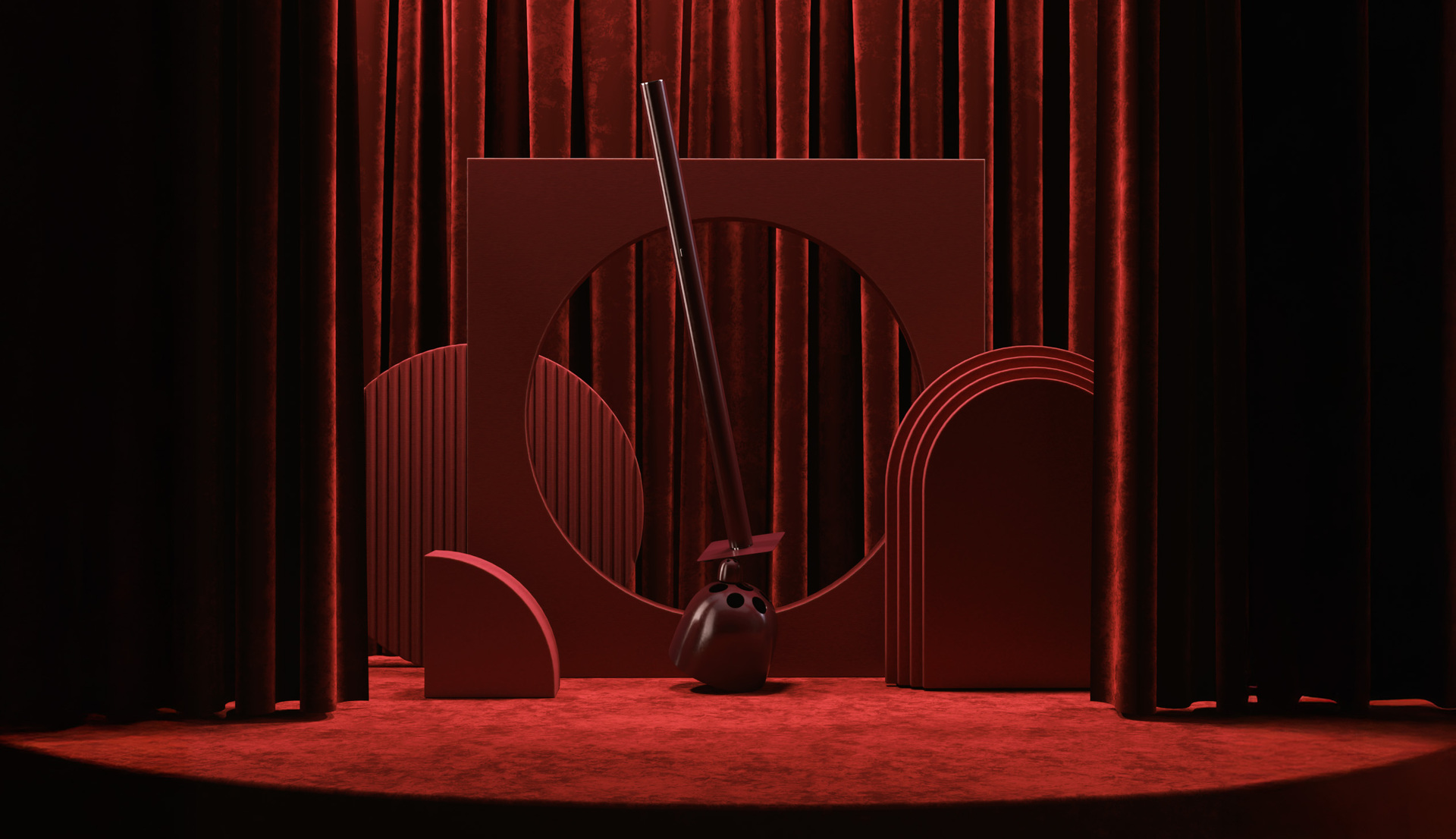 Bordeaux Ilio floor lamp balanced at an angle on Dedalo and Dedalino, in a theatrical setting with geometric shapes and curtains.