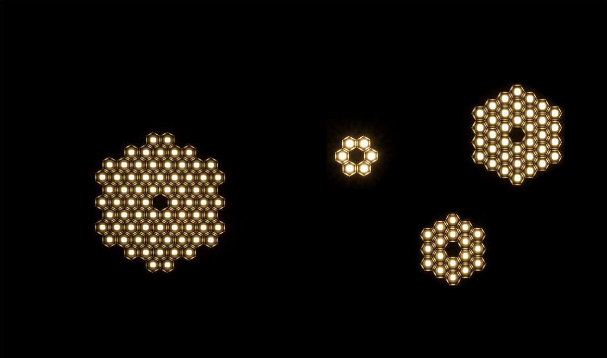 Helgoland light composition, hexagonal modules merging into a dynamic and continuous pattern of light.