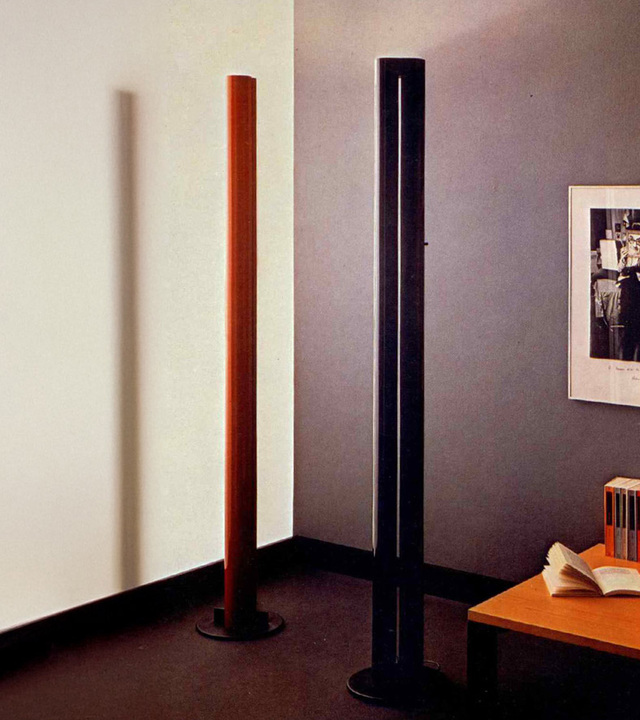 Historic photo of Gianfranco Frattini’s Megaron floor lamp, shown in two finishes within a domestic interior with bookshelf and table.
