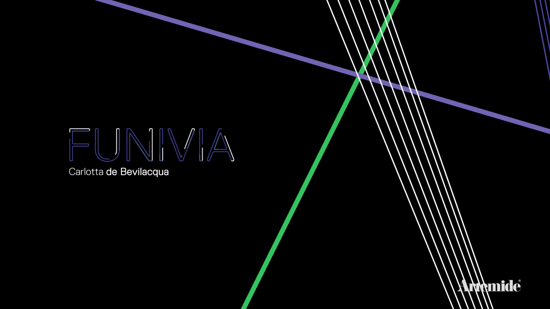 Funivia by Carlotta de Bevilacqua: Artemide lighting concept with intersecting blue, green, and white lines on black background