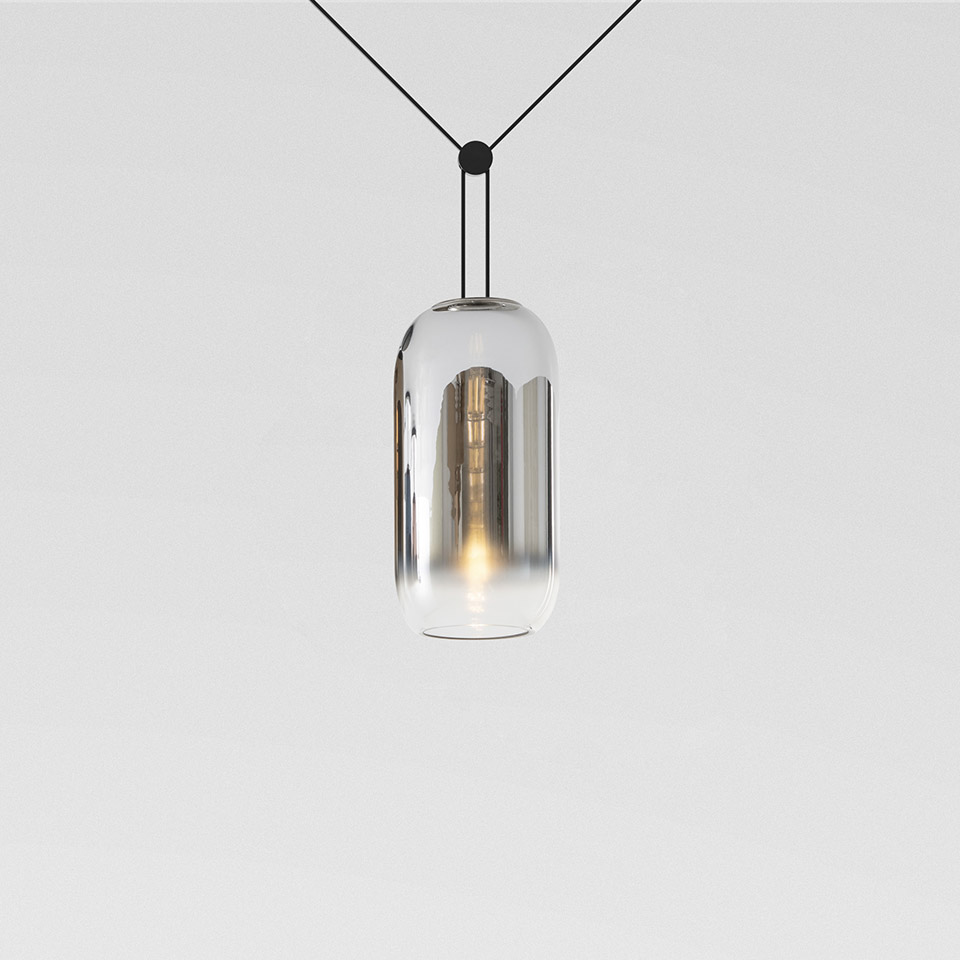 Artemide Funivia pendant lamp: capsule-shaped clear glass diffuser with silver inner reflector, suspended on black cables with V-junction - 2