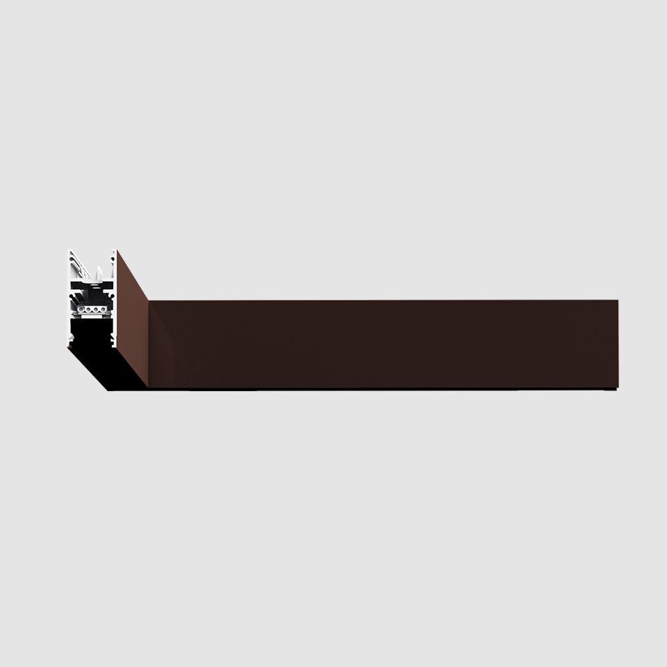 Artemide A.24 Emissione Sharping: dark brown rectangular linear LED profile with exposed aluminum mounting detail on left end