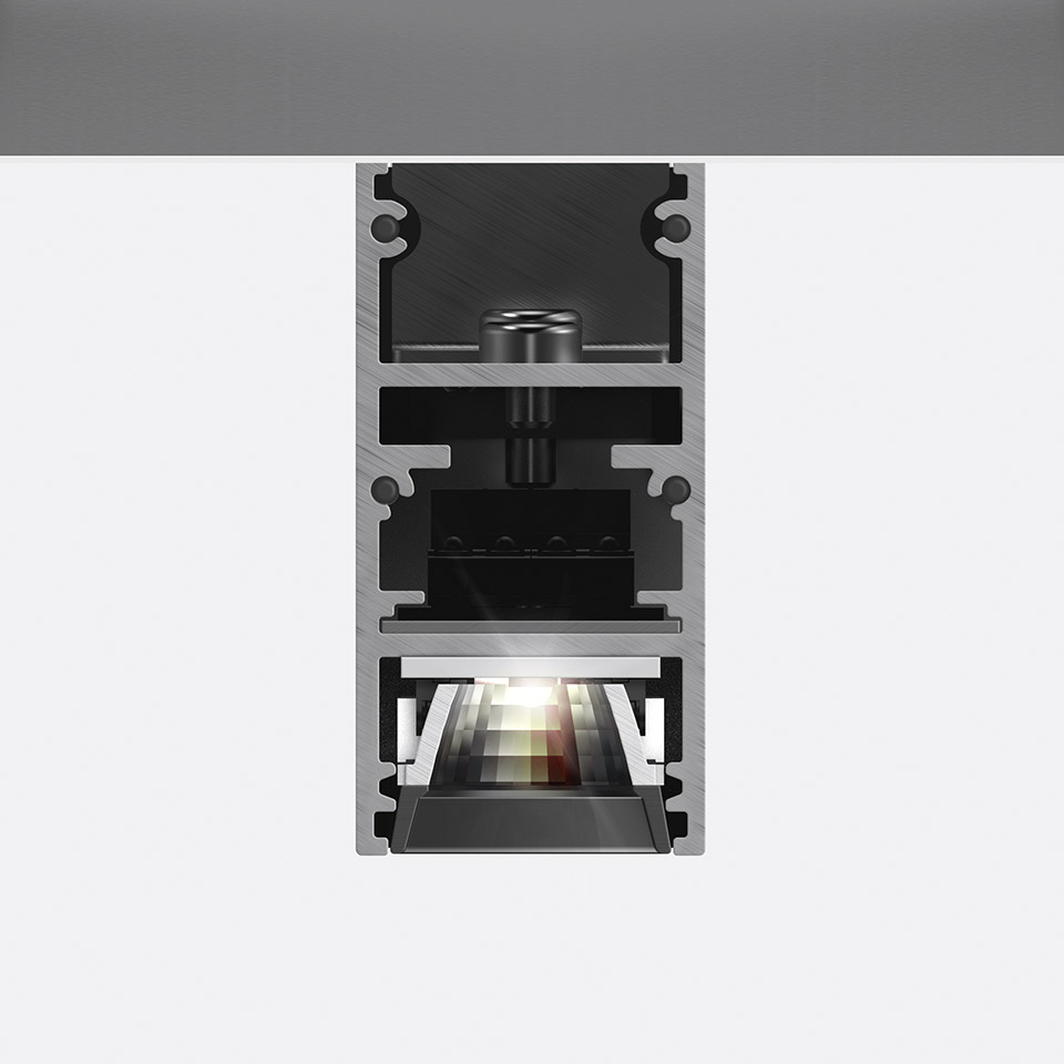 Cross-section of Artemide A.24 Emissione Sharping recessed fixture showing internal LED module, optics, and aluminum housing profile