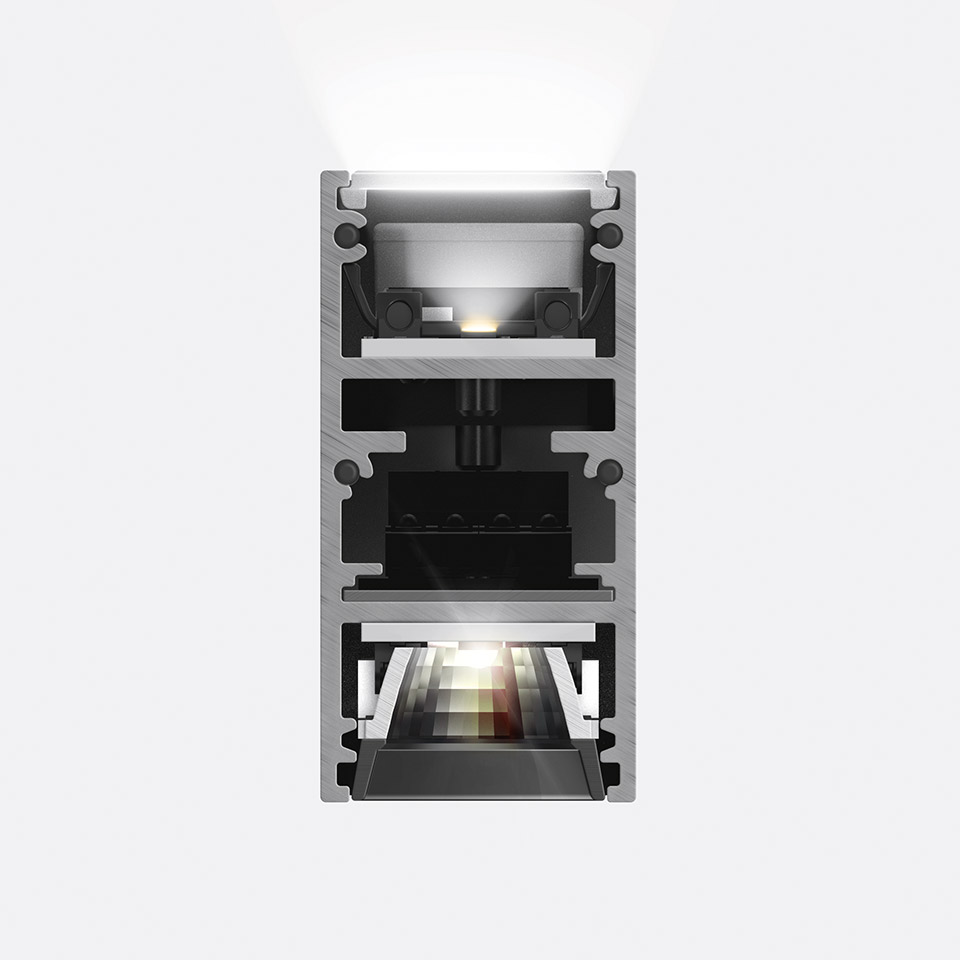 Cross-section of Artemide A.24 Emissione Sharping fixture showing dual light chambers with LED sources emitting upward and downward beams