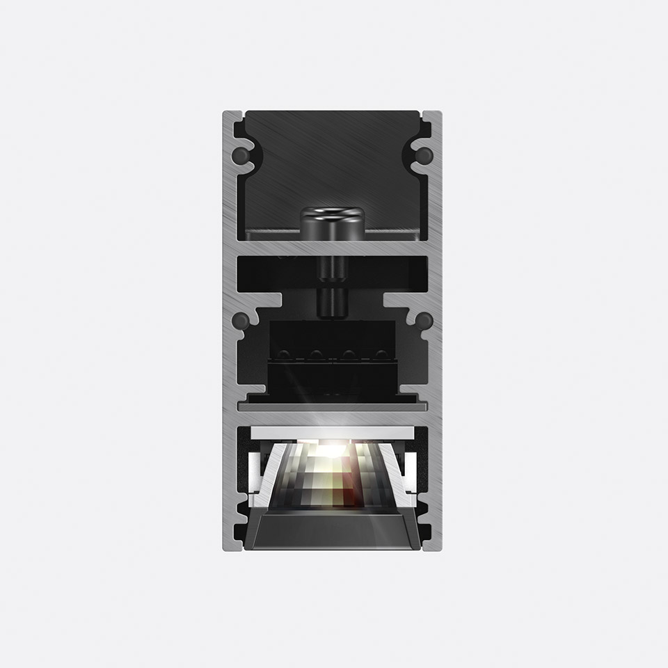 Cross-section of Artemide A.24 Emissione Sharping recessed light, showing layered aluminum housing with LED source and optical system