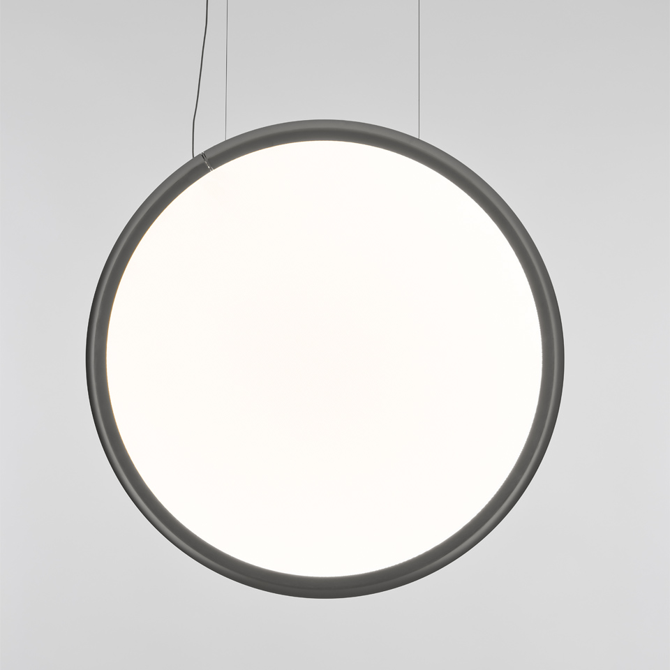 Artemide Discovery pendant lamp: large circular disc with white opal diffuser and dark grey frame, suspended by thin cables - 2