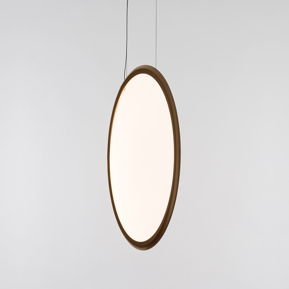 Artemide Discovery Vertical pendant lamp: large oval opal white diffuser in a slim bronze frame, suspended by a black cable - 2