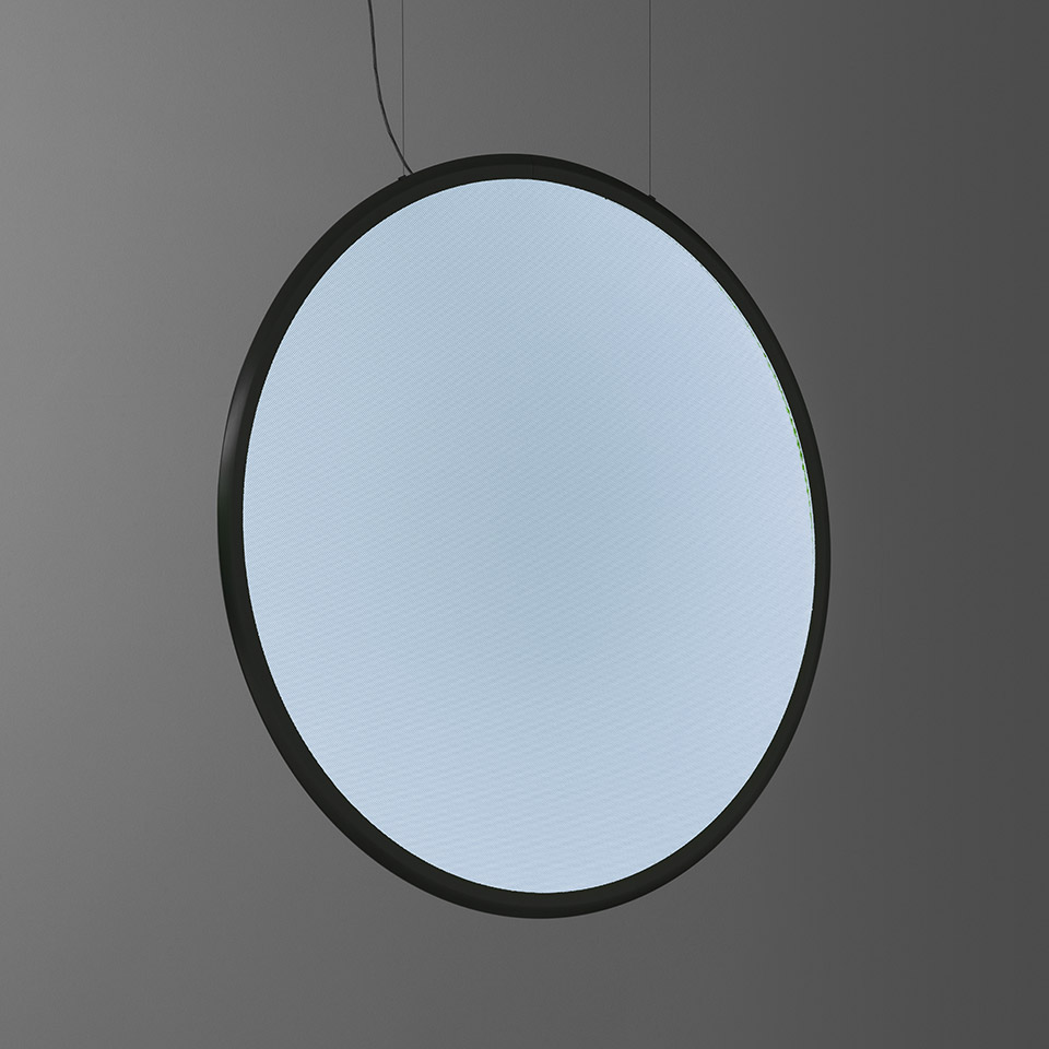 Artemide Discovery pendant lamp: large circular disc with black frame and uniform light-blue illuminated diffuser, suspended by cables