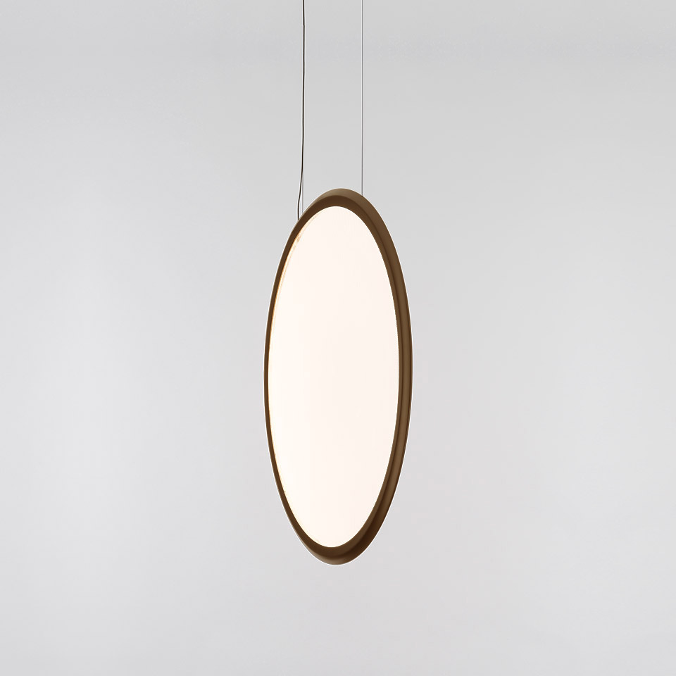 Artemide Discovery Vertical pendant lamp: large circular LED diffuser with white opal surface and slim bronze frame, suspended by cable - 2