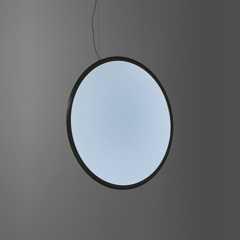 Artemide Discovery pendant lamp: large circular disc with black frame emitting soft, diffused blue-white light, suspended by thin cable