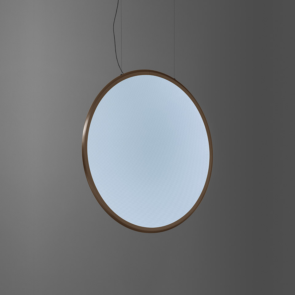 Artemide Discovery pendant lamp: large circular disc with bronze frame and opal white diffuser, suspended by a thin black cable