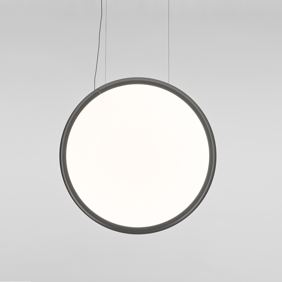Artemide Discovery pendant lamp: large circular diffuser with white opal surface and dark grey frame, suspended by thin cables - 2