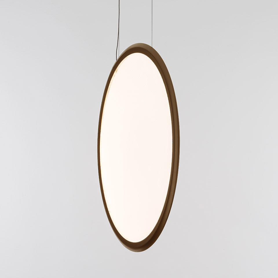 Artemide Discovery Vertical pendant lamp: large oval white diffuser with bronze frame, suspended by thin black cable - 2