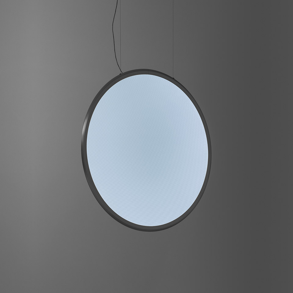 Artemide Discovery pendant lamp: large circular disc with dark frame emitting soft, uniform blue-white light, suspended by thin cable