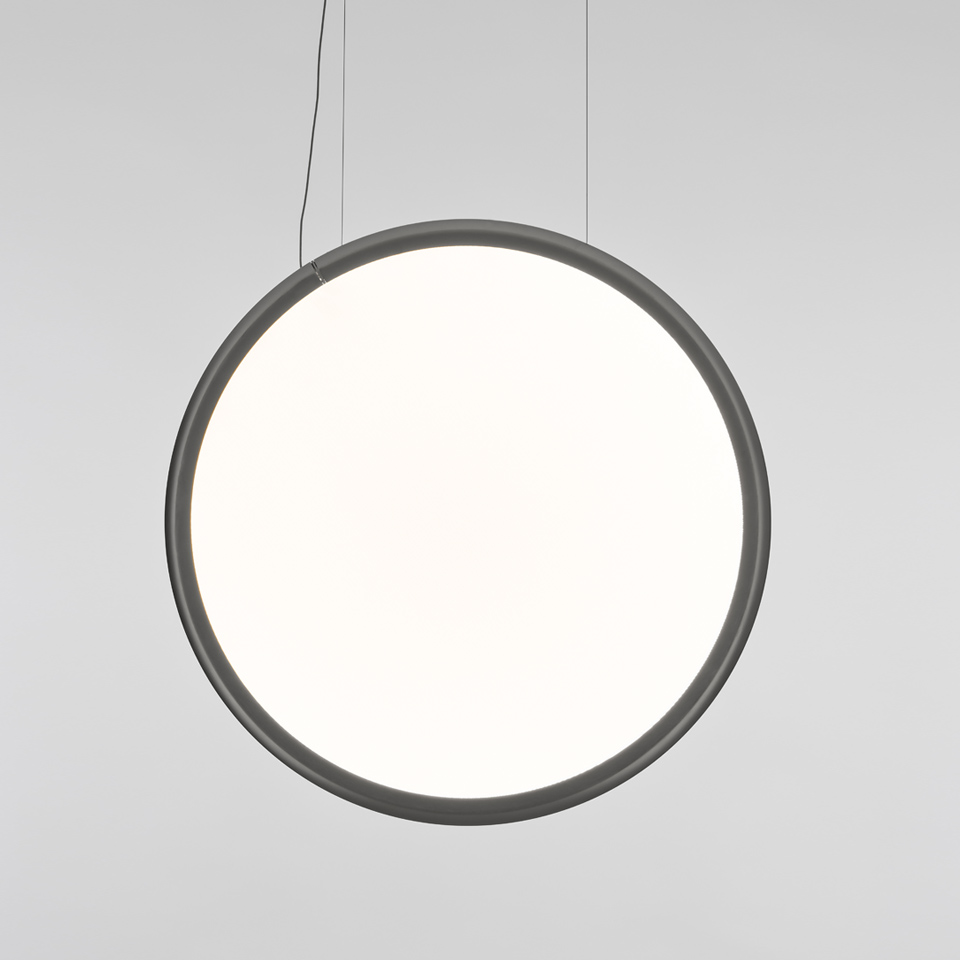 Artemide Discovery pendant lamp: large circular diffuser with white opal surface and dark grey frame, suspended by thin cables - 2