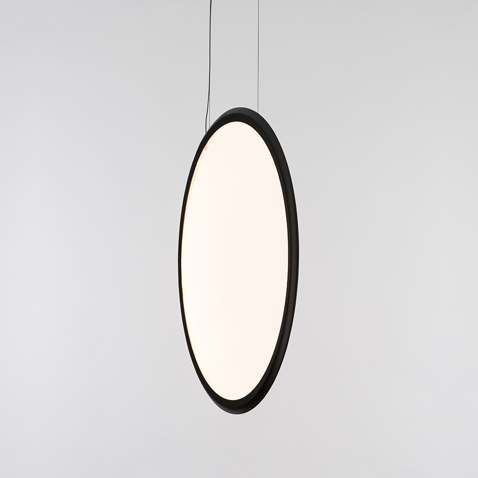 Artemide Discovery Vertical pendant lamp: large oval white diffuser in a slim black frame, suspended by thin cables - 2