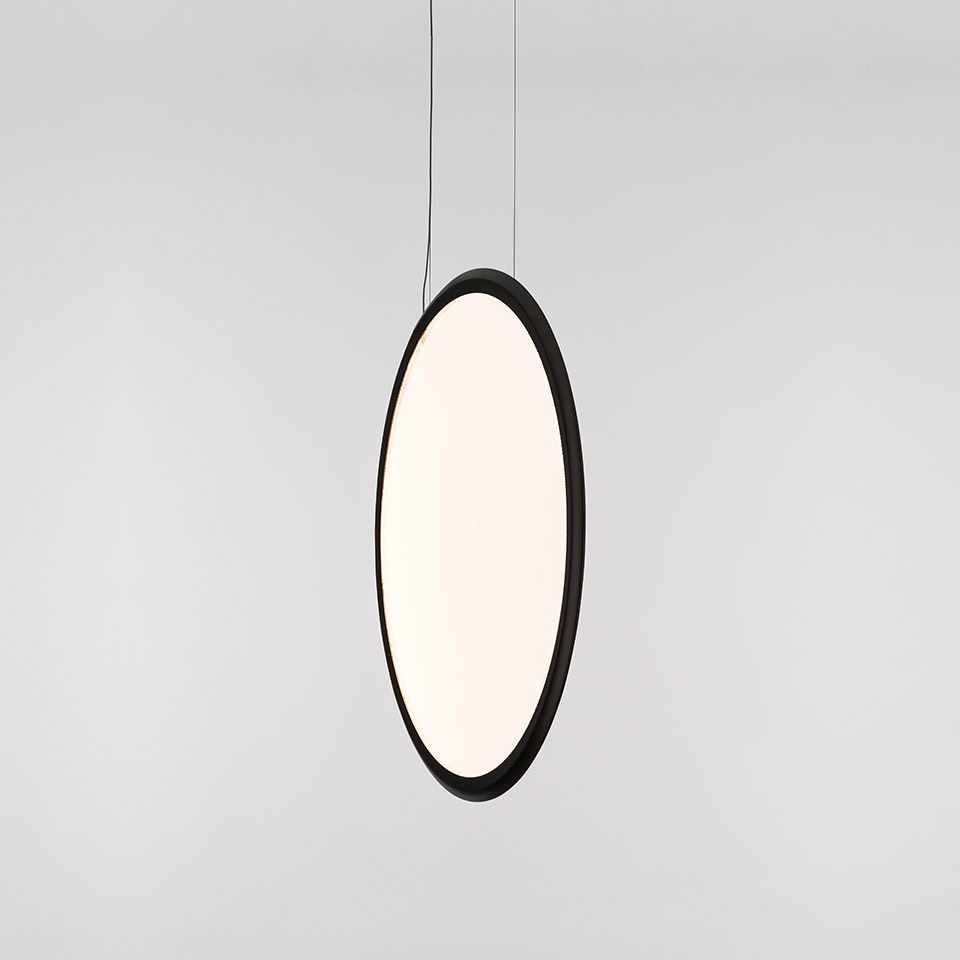 Artemide Discovery Vertical pendant lamp: large circular opal white diffuser with slim black frame, suspended by thin cables - 2
