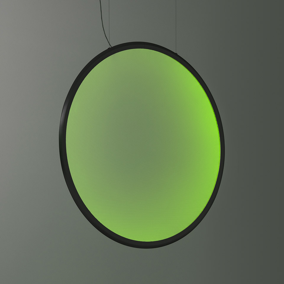 Artemide Discovery Vertical pendant lamp: large circular disc emitting vibrant green gradient light, suspended by black cables with dark frame