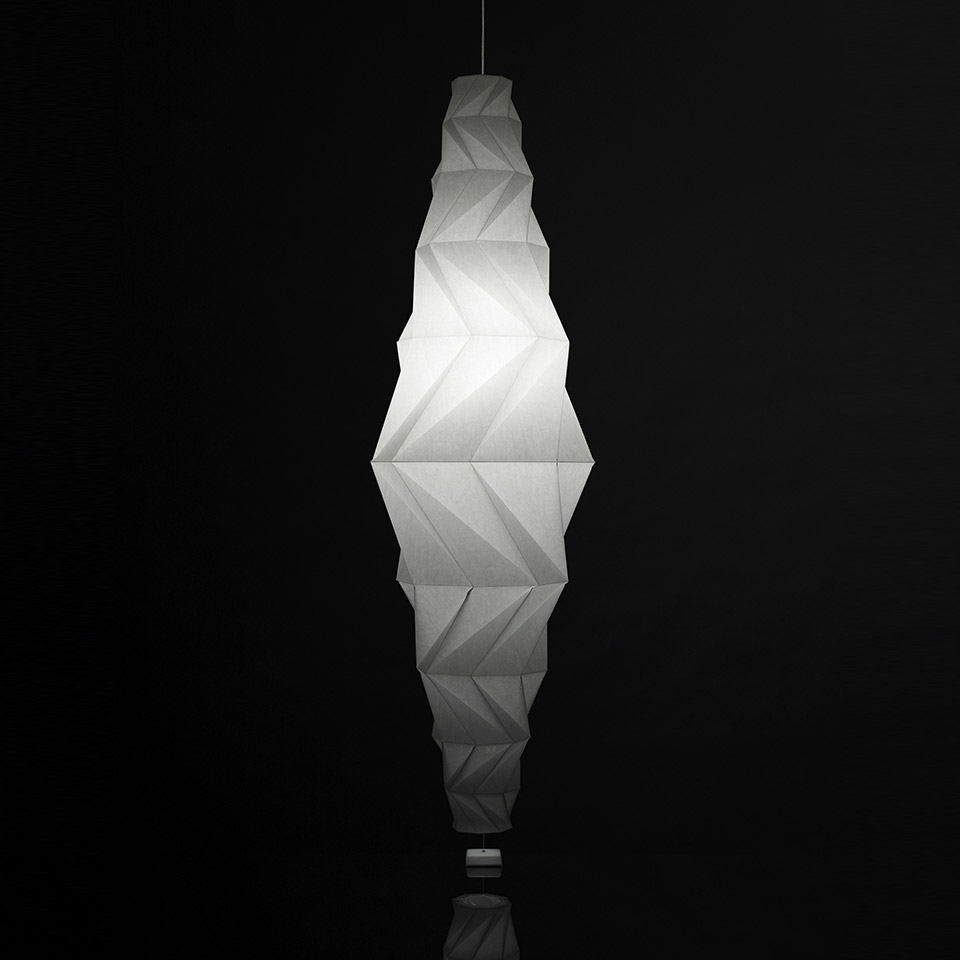 Artemide In-Ei Issey Miyake Minomushi pendant lamp: elongated diamond-shaped diffuser in white folded fabric with origami geometric pattern