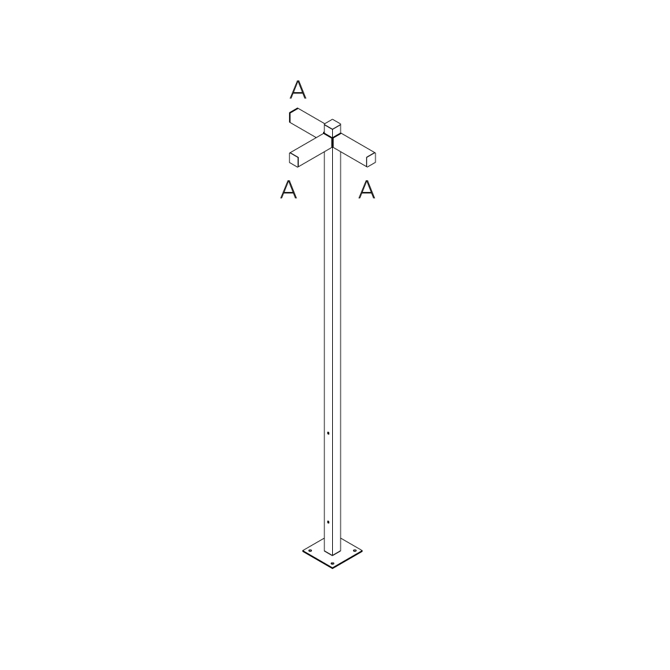 Technical diagram of Artemide Walking Palo outdoor floor lamp: tall slim pole on square base plate with four-directional lamp head, labeled A