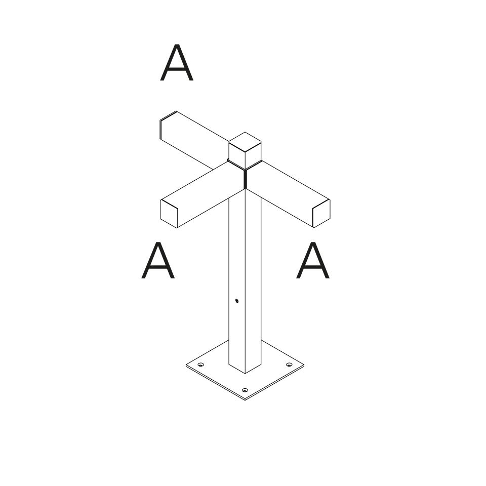Technical diagram of Walking Palo base: vertical square post on floor plate with four horizontal arms extending from central junction, labeled A