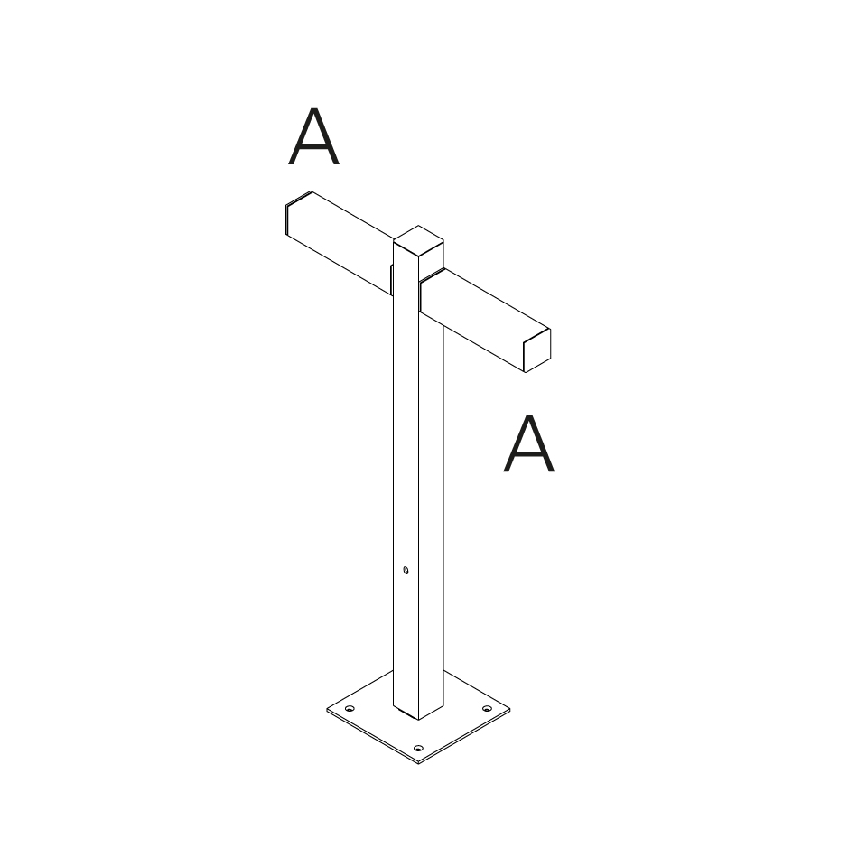 Technical diagram of Artemide Walking Palo outdoor bollard: square post on base plate with perpendicular horizontal arm, labeled section A
