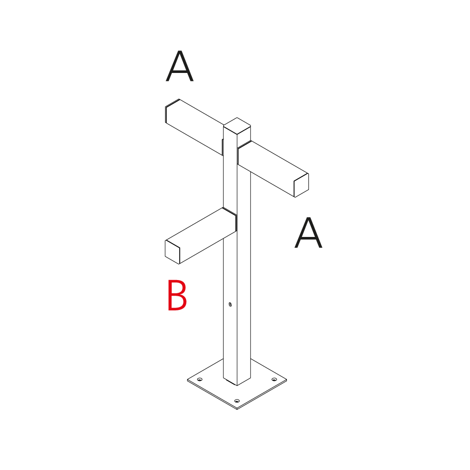 Technical diagram of Artemide Walking Palo floor lamp: vertical pole on square base plate, two horizontal rectangular arms labeled A, pole labeled B