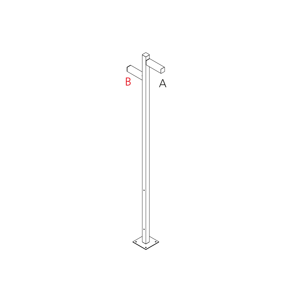Artemide Walking Palo outdoor floor lamp: tall slim pole on square base, two rectangular LED heads labeled A and B at top
