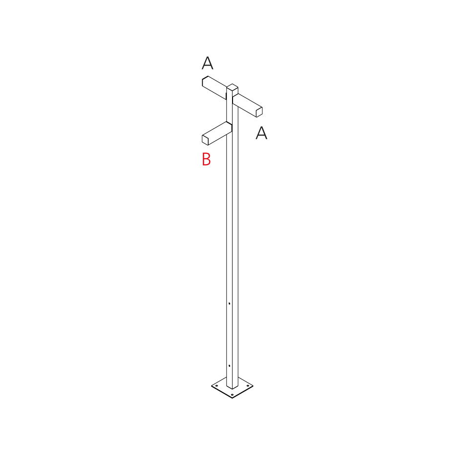 Technical diagram of Artemide Walking Palo outdoor floor lamp: tall pole on base plate, two horizontal arms (A) and one angled arm (B) at top