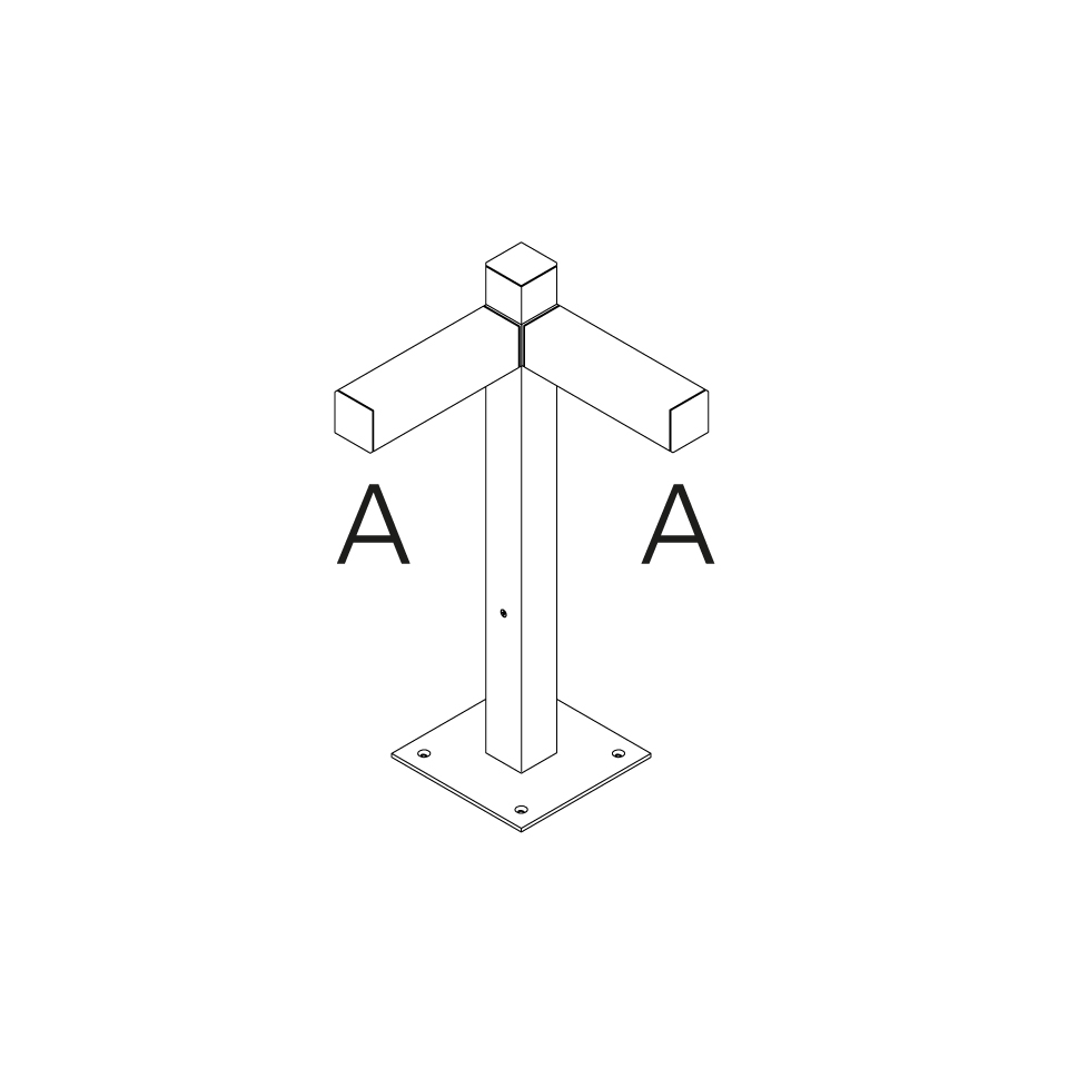 Technical isometric diagram of Walking Palo post: square vertical pole on base plate with two horizontal arms labeled A, for outdoor lighting installation