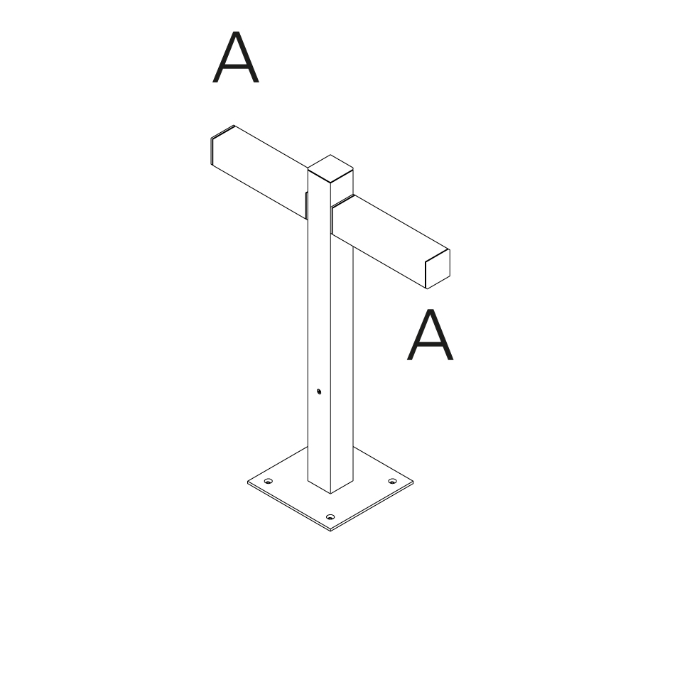 Technical diagram of Artemide Walking Palo outdoor post: square column on bolted base plate with perpendicular horizontal arm, labeled A