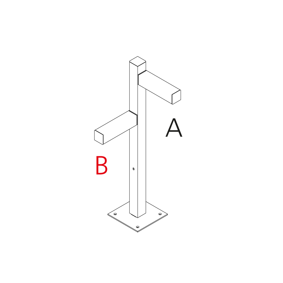 Technical diagram of Walking Palo outdoor post: square column on base plate with two perpendicular rectangular arms labeled A and B