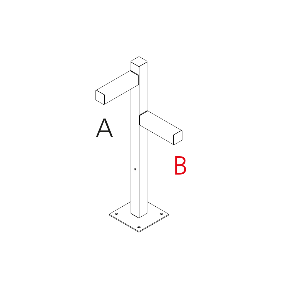 Technical diagram of Walking Palo floor post with two perpendicular rectangular arms labeled A and B, mounted on a square base plate