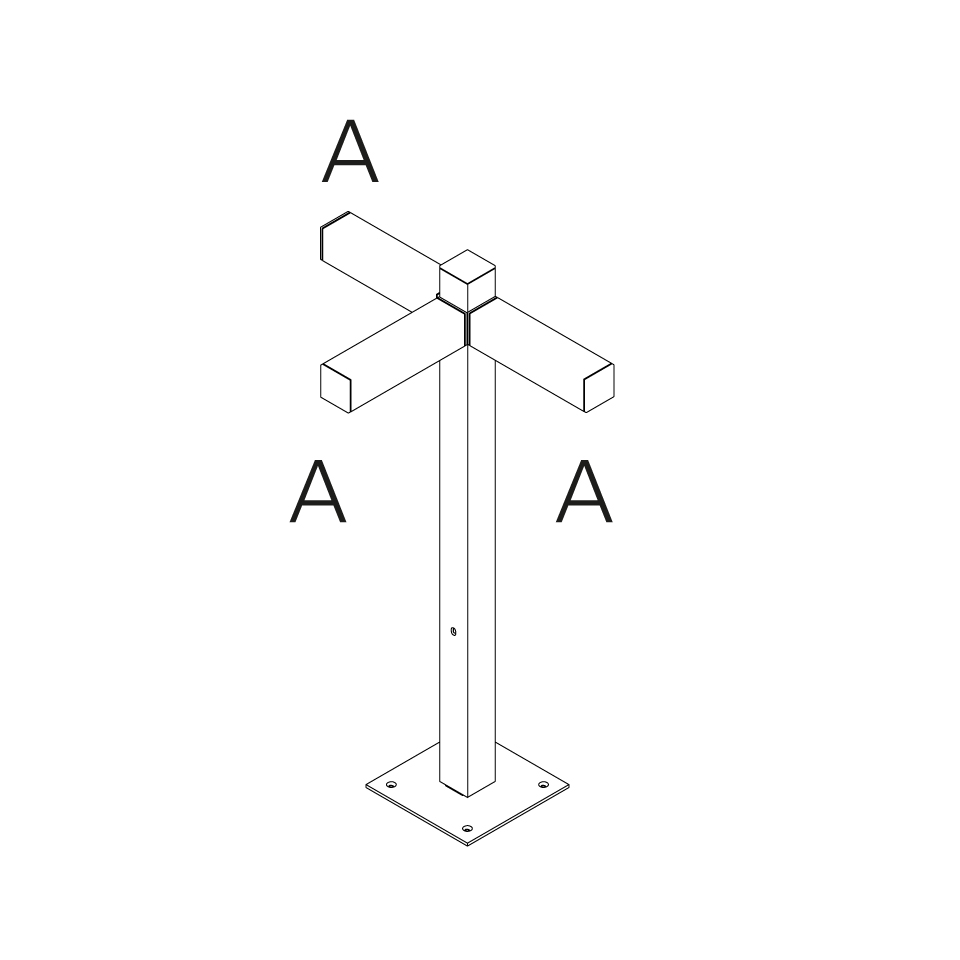Technical diagram of Artemide Walking Palo floor lamp post: square column on base plate with three-way horizontal arm junction, labeled A