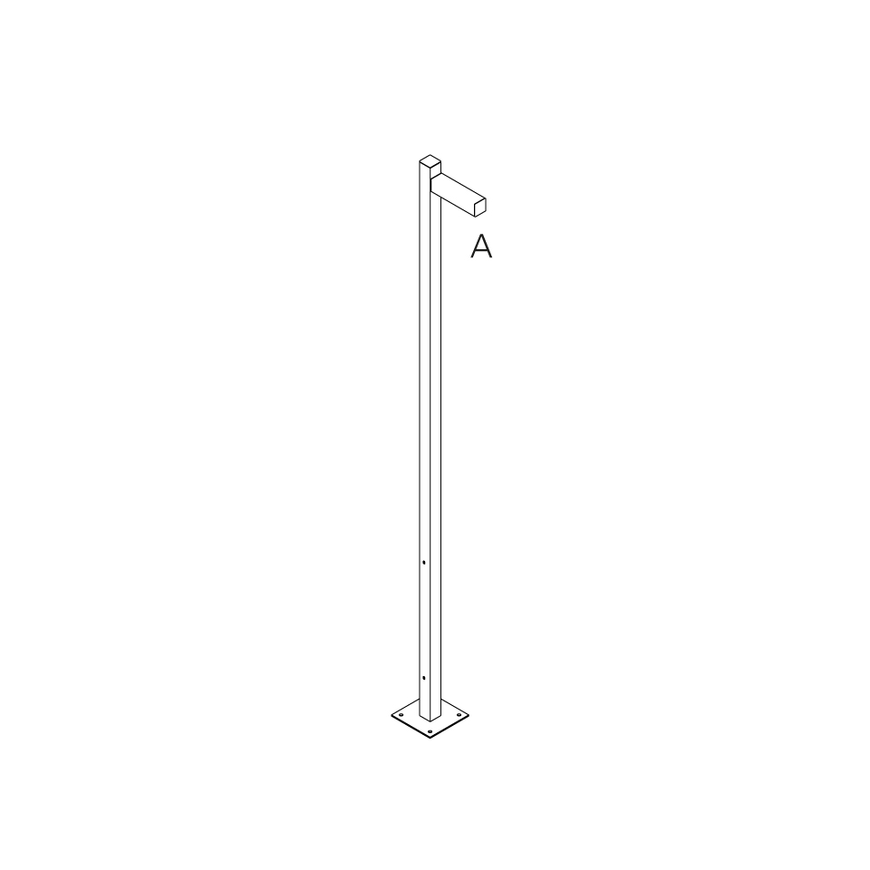 Artemide Walking Palo floor lamp: tall slim square post on flat base, with small rectangular head angled outward, labeled A