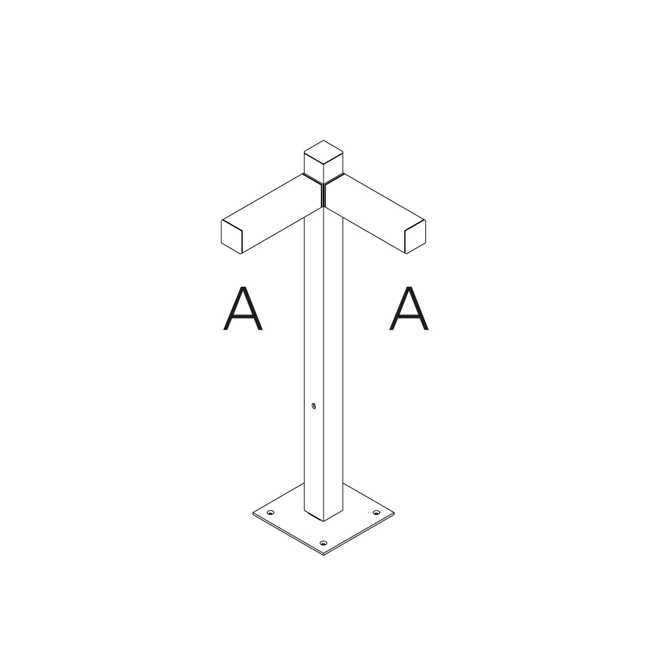 Technical diagram of Artemide Walking Palo outdoor post: square column on base plate with two lateral arms labeled A, isometric view