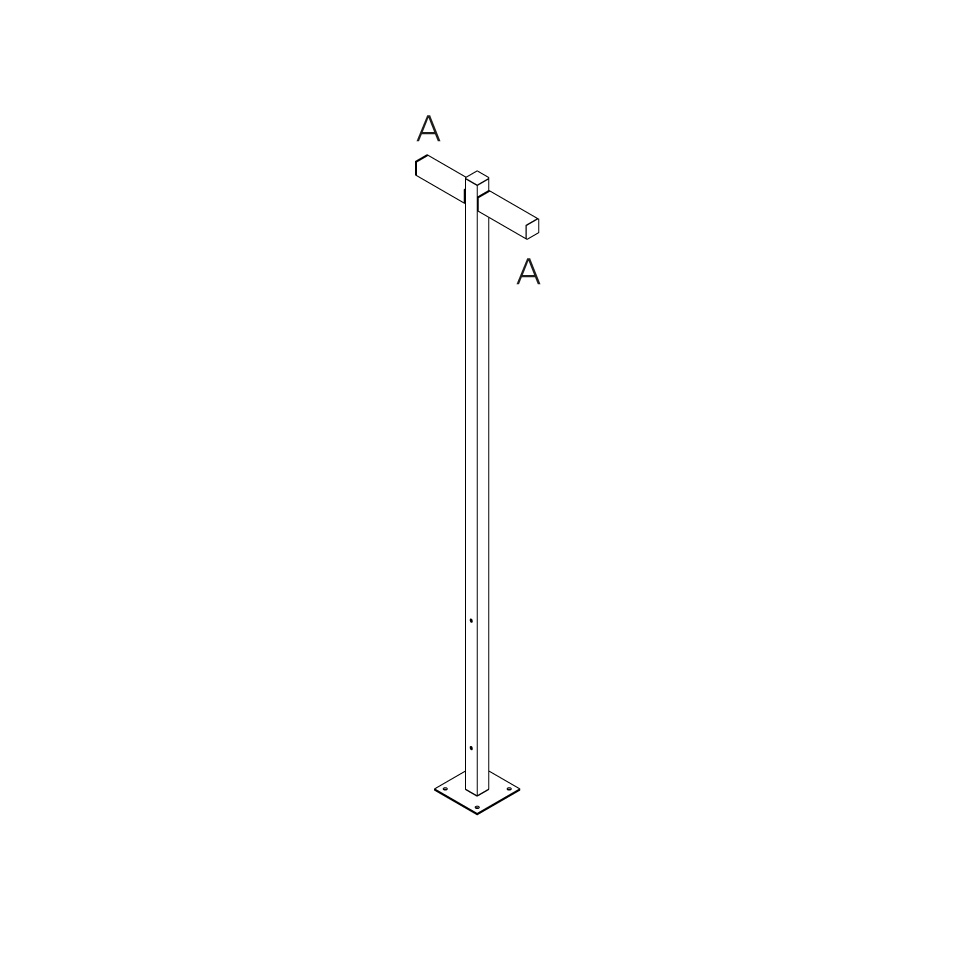 Technical diagram of Artemide Walking Palo outdoor floor lamp: tall slim pole on square base with two rectangular LED heads labeled A