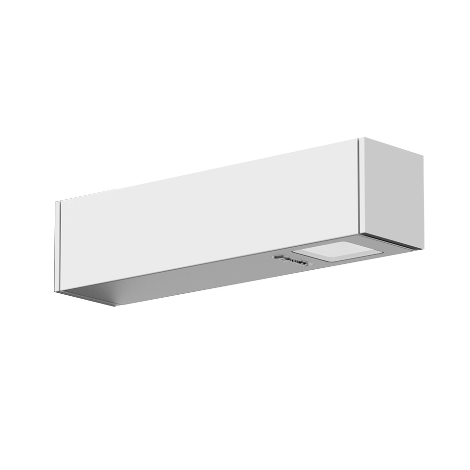 Artemide Walking wall light: rectangular white body with brushed metal base, featuring integrated LED downlight on the bottom panel