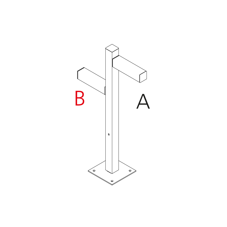 Technical diagram of Artemide Walking Palo floor post with square column, two horizontal arms labeled A and B, and base plate with mounting holes