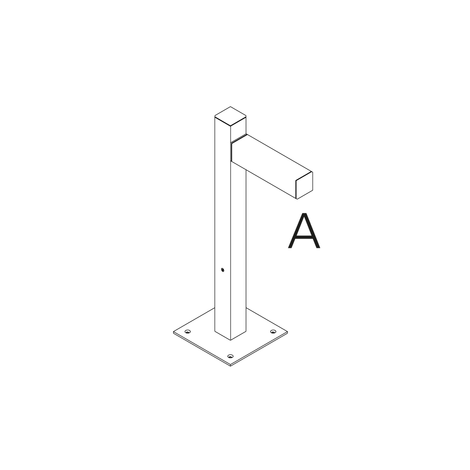 Component A: square post mounting bracket with flat base plate and perpendicular arm, for Artemide Walking Palo outdoor fixture