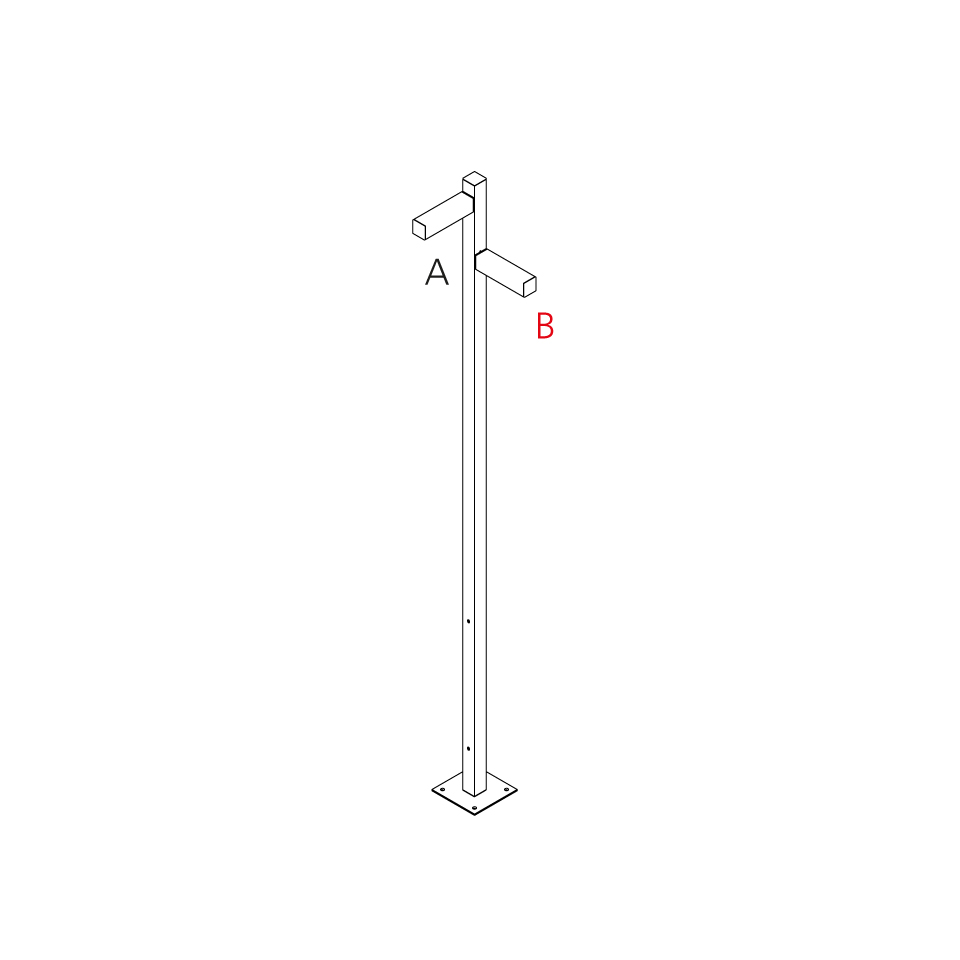 Artemide Walking Palo outdoor floor lamp: tall slim pole on square base, two rectangular LED heads labeled A and B pointing opposite directions