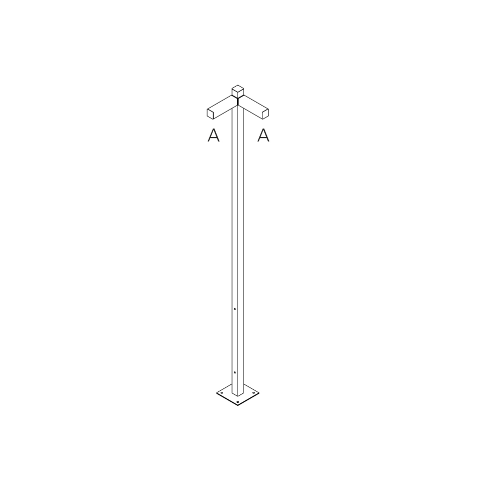 Technical diagram of Artemide Walking Palo outdoor floor lamp: tall pole on square base plate with two lateral arms labeled A