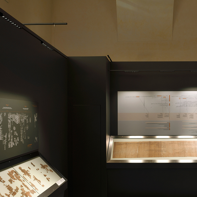 Image of some papyri inside a display case illuminated by Turn Around with Sharp modules