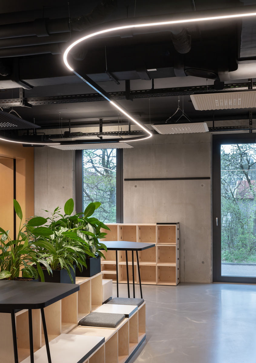 Image of the office interior illuminated by A.24 and Eggboard Matrix.