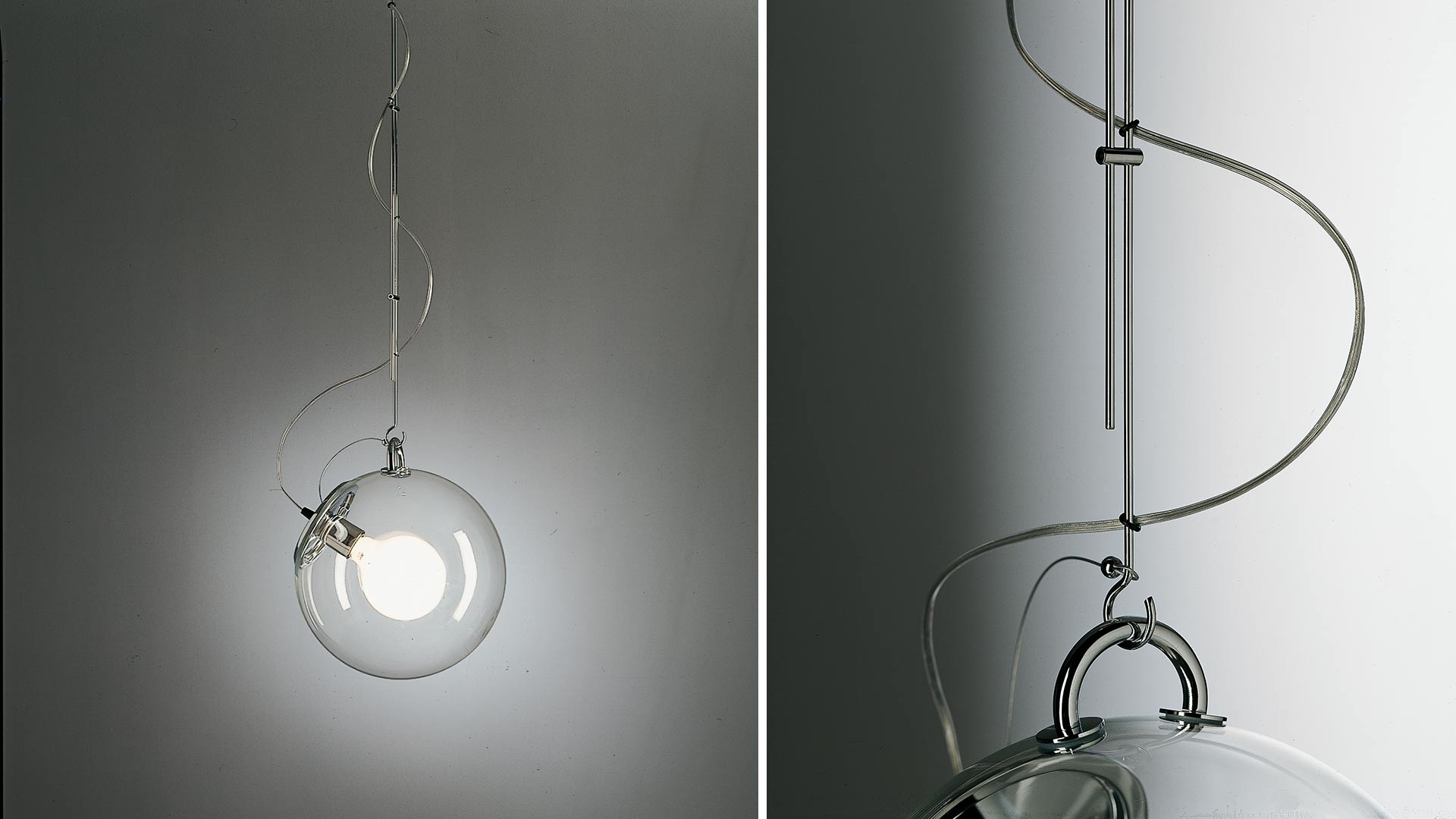 Artemide Miconos ceiling lamp: clear glass sphere with opal bulb, suspended from brass canopy and disc hardware